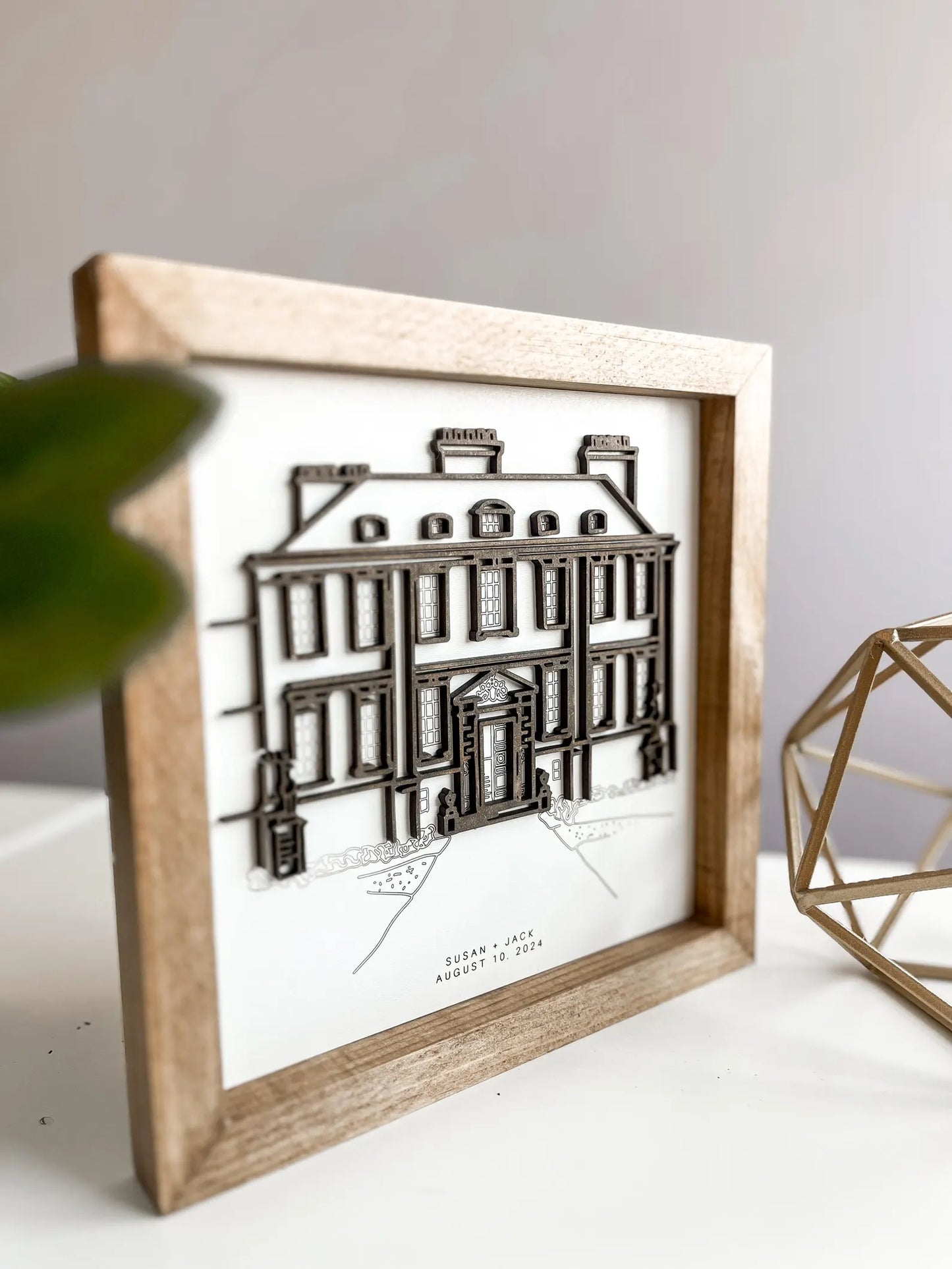 Custom 3D Wood Building Portrait | Framed Line Art Anniversary Gift