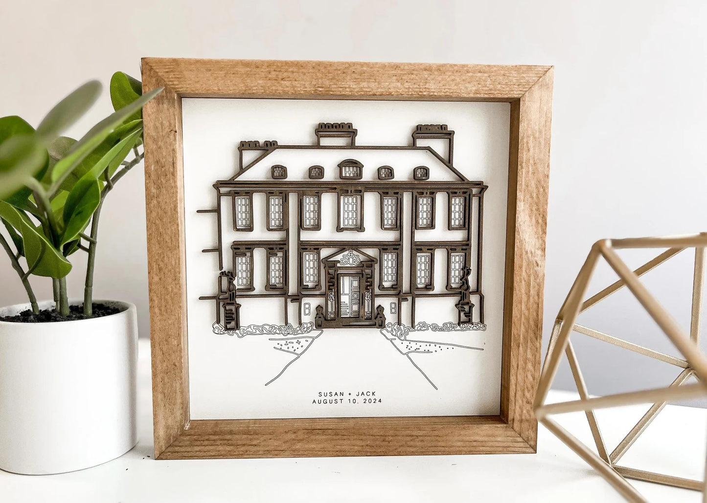 Custom 3D Wood Building Portrait | Framed Line Art Anniversary Gift